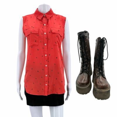 Lot 20: Poker Face Season 2 Amber (Make-up) (Ashley Hicks) Screen Worn Shirt, Skirt W/ Belt & Boots Ch 1 Sc 7, 25, 27 Ep 202 | VIP Fan Auctions
