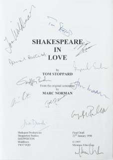 Shakespeare In Love: An autographed screenplay script, Shakepen Productions / Miramax Film Corp, 1998, | Bonhams