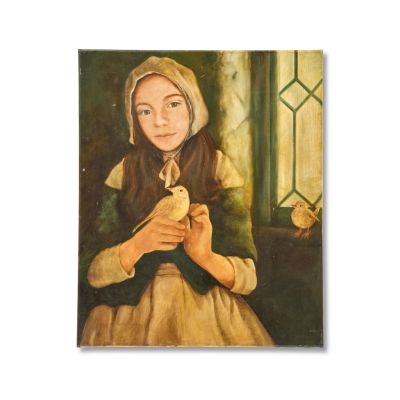 Lot 161 - 21st Century School A portrait of young Jenny Murray holding a bird seated next to a windowFirst seen Season 1, Episode 12, ’Lallybroch’, painted by Lydia Farrell of the Art Department (unframed) | Bonhams