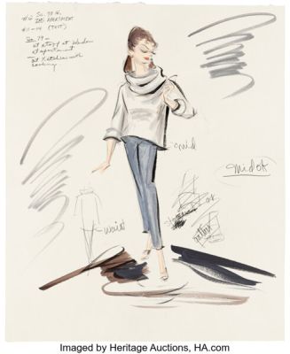 Breakfast at Tiffany’s (Paramount, 1962), Audrey Hepburn "Holly Golightly" Pair of Sweater Costume Sketches by Edith Head. | Heritage