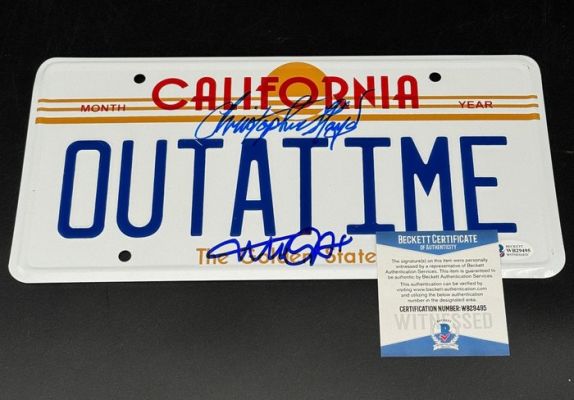 Back to the Future - Replica License plate - Signed by Michael J Fox, Christopher Lloyd - Beckett Witnessed COA