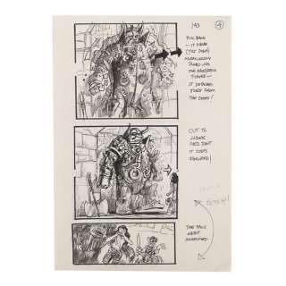 LABYRINTH (1986) - Lot 1353 - Martin Asbury Hand-drawn Pencil-and-ink Storyboard Sheet for Humongous Detatching From Door