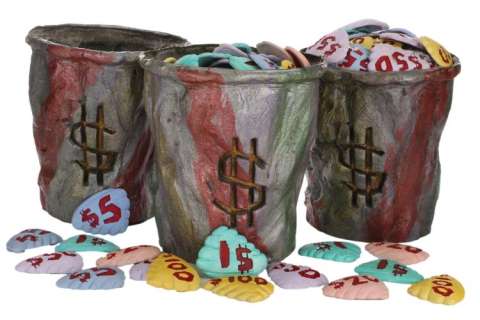 Lot 1524 - The Flintstones (3) stone age prop buckets and clamshell money.
