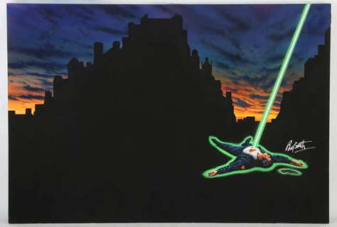 Original colour artwork by Brian Bysouth, gouache on board showing a man being zapped by a laser,… | Ewbank’s