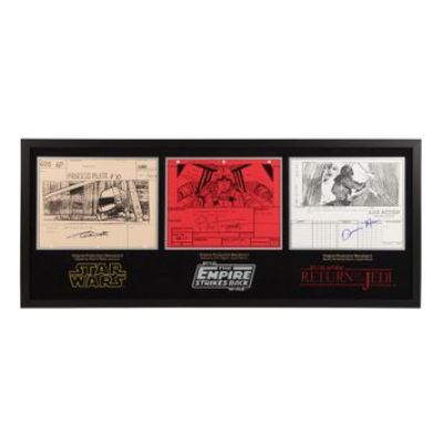 Star Wars: Original Trilogy | Original Production Triple Storyboard Display Autographed by Robert Watts, Phil Tippett and Dennis Muren | Propstore (Buy Now)