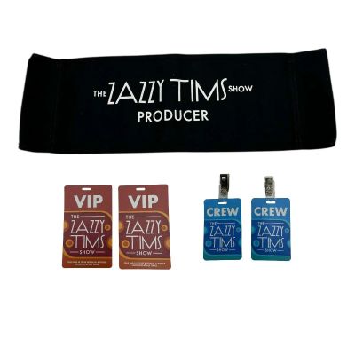 Lot 85: Oh What Fun Zazzy Tims Production Used (2) The Zazzy Tims Show VIP Badge, (2) The Zazzy Tims Show Crew Badges & The Zazzy Tims Show Producer Chairback | VIP Fan Auctions