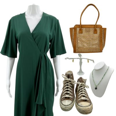 Lot 166: The Wrecking Crew Leila Hale Deleted Scene Dress, Earrings, Necklace, Purse & Sneakers Ch 3 Sc 24 | VIP Fan Auctions