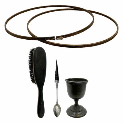 Lot 3: Wuthering Heights Cathy (Margot Robbie) Screen Used Embroidery, Egg Cup, Egg Spoon & Hair Brush | VIP Fan Auctions