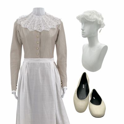 Lot 49: Wuthering Heights Thrushcross Grange Maid (Arooj Zadi) Production Worn Dress, Collar, Apron, Bonnet & Shoes | VIP Fan Auctions