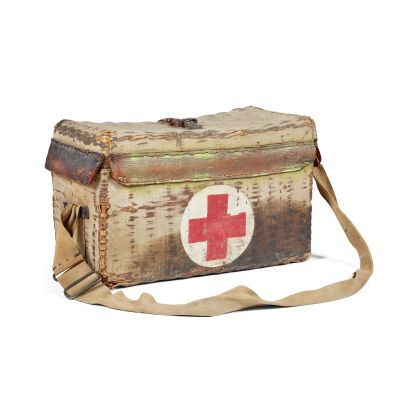 Lot 7 - Claire’s wicker, canvas and leather mounted World War II travelling medical kit Acquired for Season 2 | Bonhams