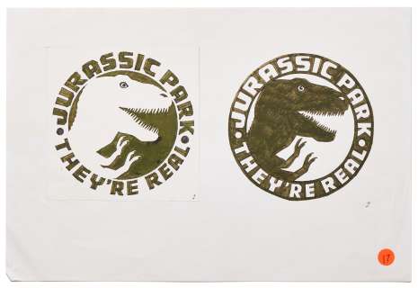 Original ’’Jurassic Park’’ Production Sketch Created in Development for the 1993 Film -- Drawing Shows a T-Rex With the Tag Line, ’’They’re Real’’ | Nate Sanders