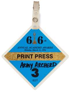 66th Academy Awards TV Pass -- Belonged to Army Archerd, Columnist for Variety | Nate Sanders