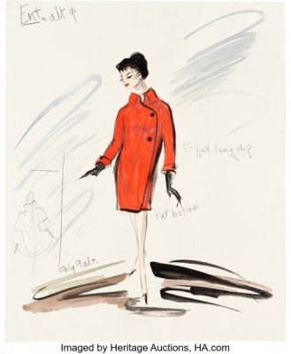 Breakfast at Tiffany’s (Paramount, 1962), Audrey Hepburn "Holly Golightly" Red Coat Costume Sketch by Edith Head. | Heritage