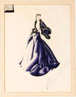Gone With the Wind (MGM, 1939), Walter Plunkett Costume Sketch of Vivien Leigh as "Scarlett O‘Hara" in Negligee and Fur-Trimmed Purple Robe.