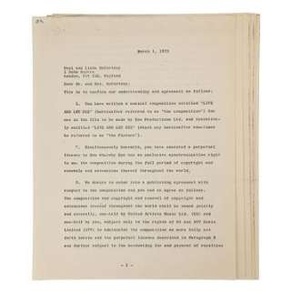 JAMES BOND: LIVE AND LET DIE (1973) - Lot 567 - Paul and Linda McCartney Signed Contract